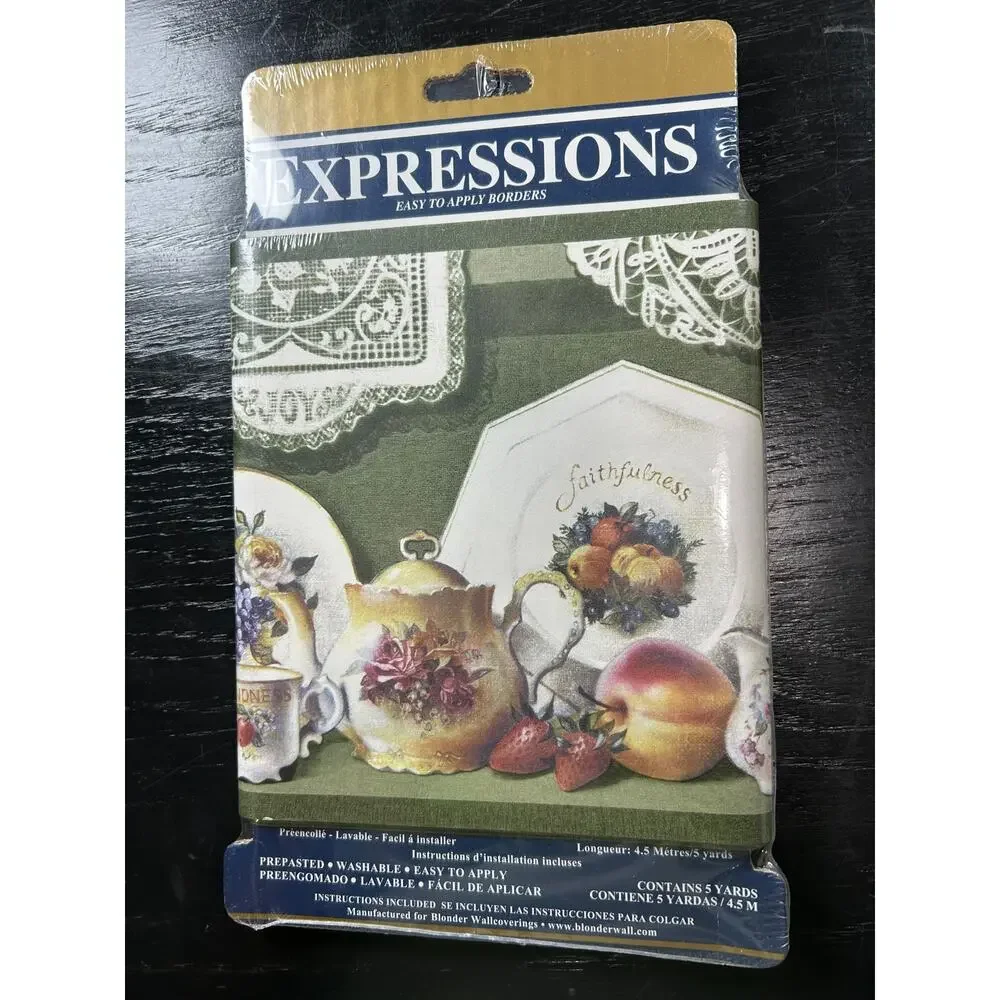 Vtg Expressions Wall Paper Border tea party- grapes doilies 5 yards cottage